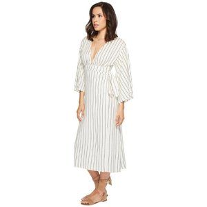 Billabong Robe Life Midi Wrap Dress Women's M White Blue Striped Plunging Kimono